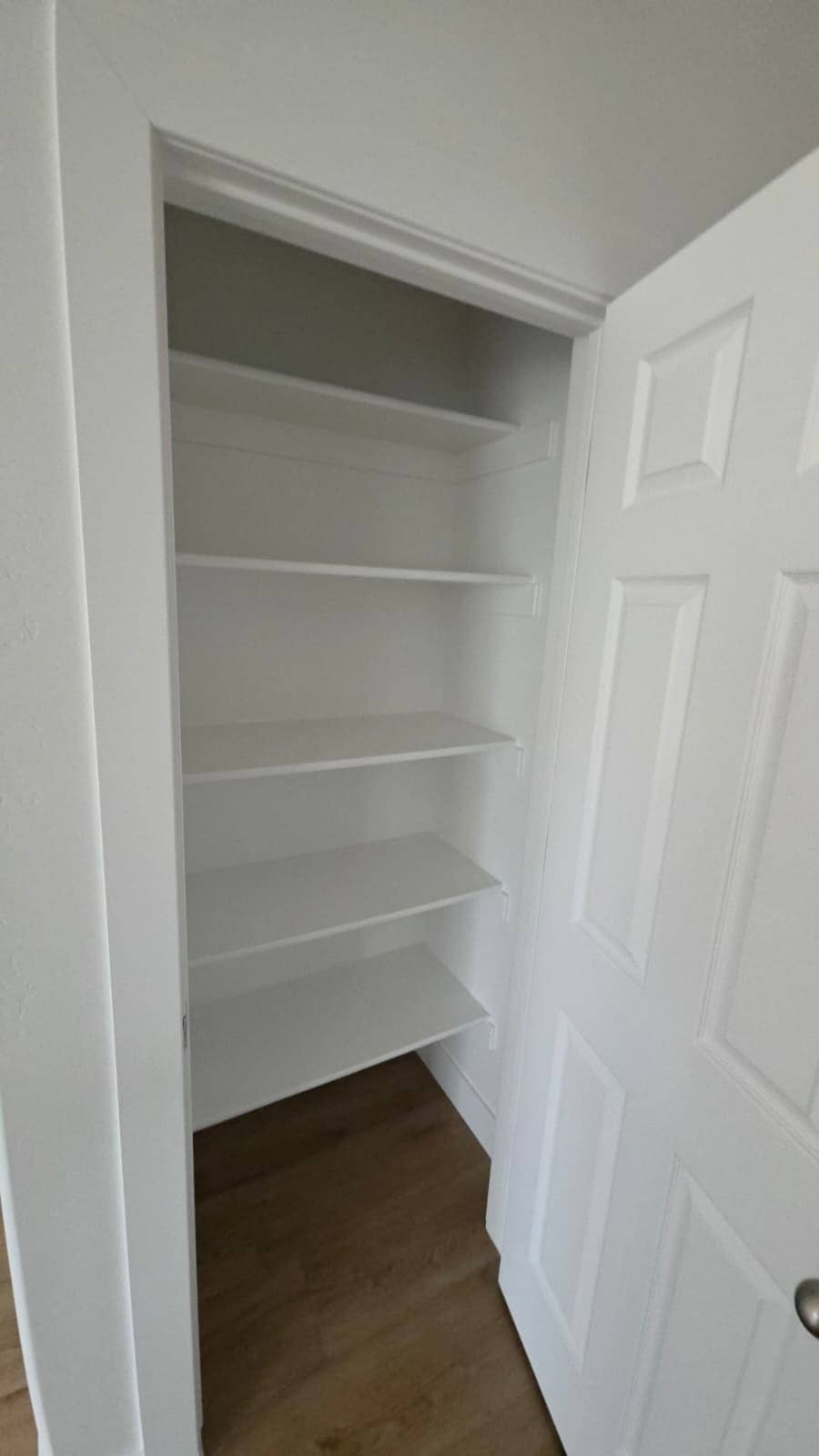 Pantry closet with white built-in shelving behind a six-panel door