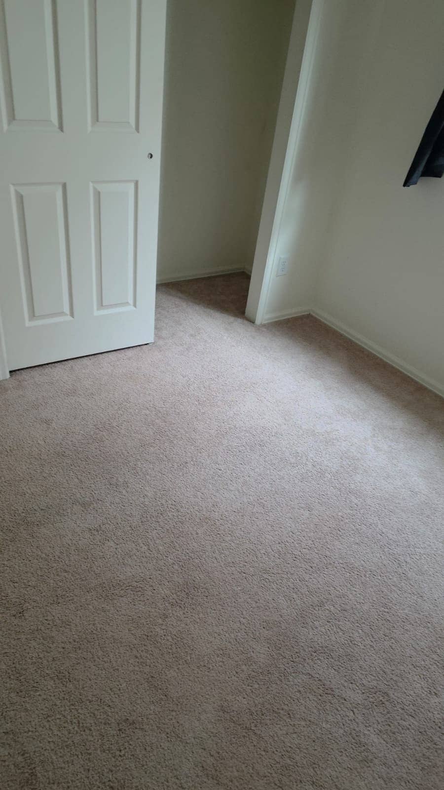Finished carpeted bedroom with fresh paint and a white door